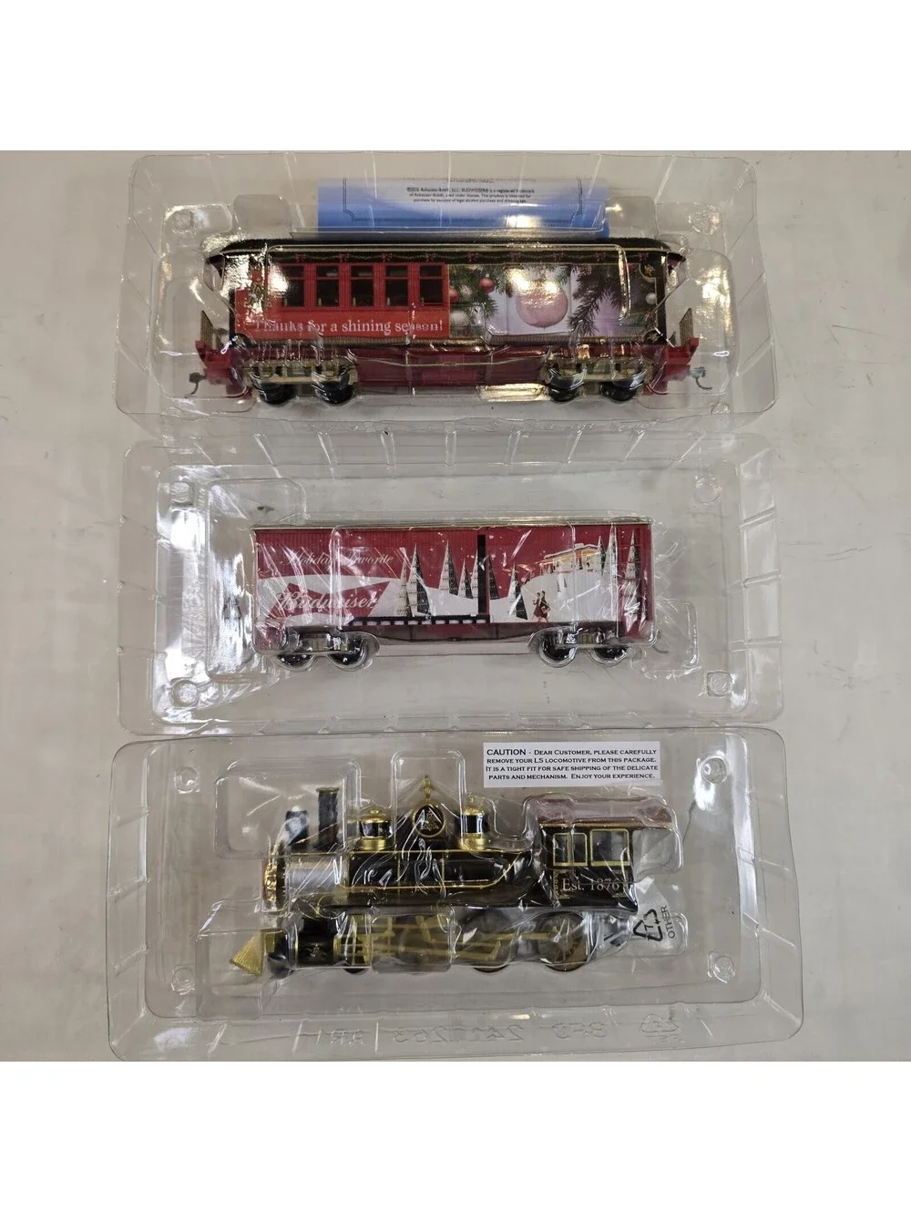 Lot Of 3 The Bradford Exchange Budweiser Holiday Express Engine, Combine, Boxcar